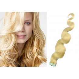 24 inch (60cm) Tape Hair / Tape IN human REMY hair wavy - the lightest blonde