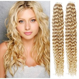 20 inch (50cm) Tape Hair / Tape IN human REMY hair curly - the lightest blonde