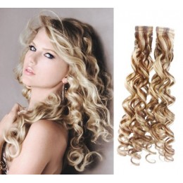 20 inch (50cm) Tape Hair / Tape IN human REMY hair curly - platinum / light brown