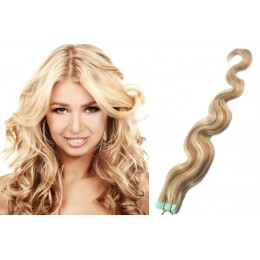 24 inch (60cm) Tape Hair / Tape IN human REMY hair wavy - platinum / light brown