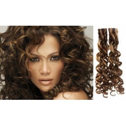 24 inch (60cm) Tape Hair / Tape IN human REMY hair curly - dark brown / blonde